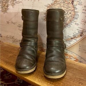 UGG Tall Dark Brown Leather Shealing Boots